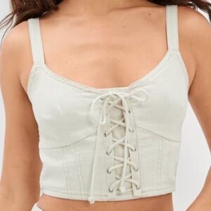American Eagle Women S Cream Denim Festival Cropped Lace Up Corset Tank Top